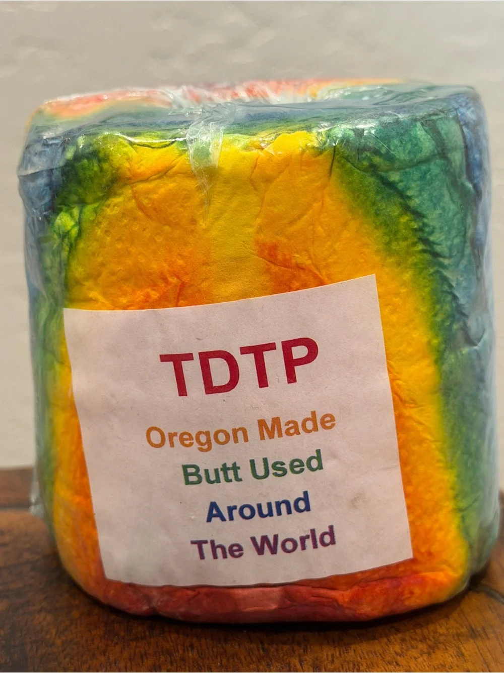 Novelty rainbow-colored, tie-dyed toilet paper W/ label TDTP & Oregon Made